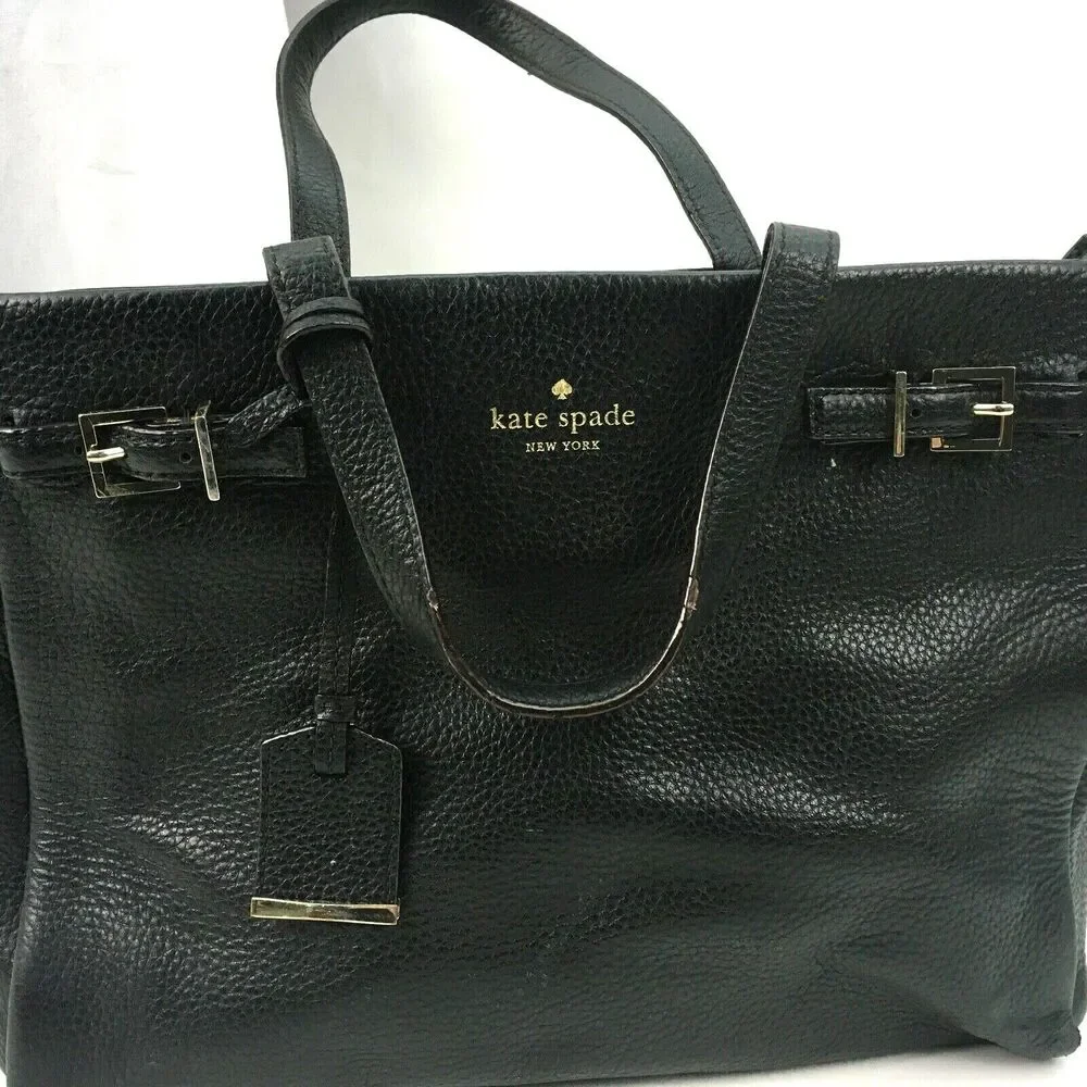 Kate Spade Handbag Black Pebbled Cow Leather Removable Strap Satchel Bag Purse
